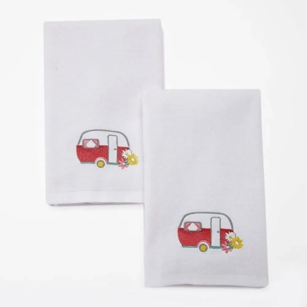 Vintage Camper Embroidered Hand Towels Floral Spring Summer 2-pc Cotton NEW